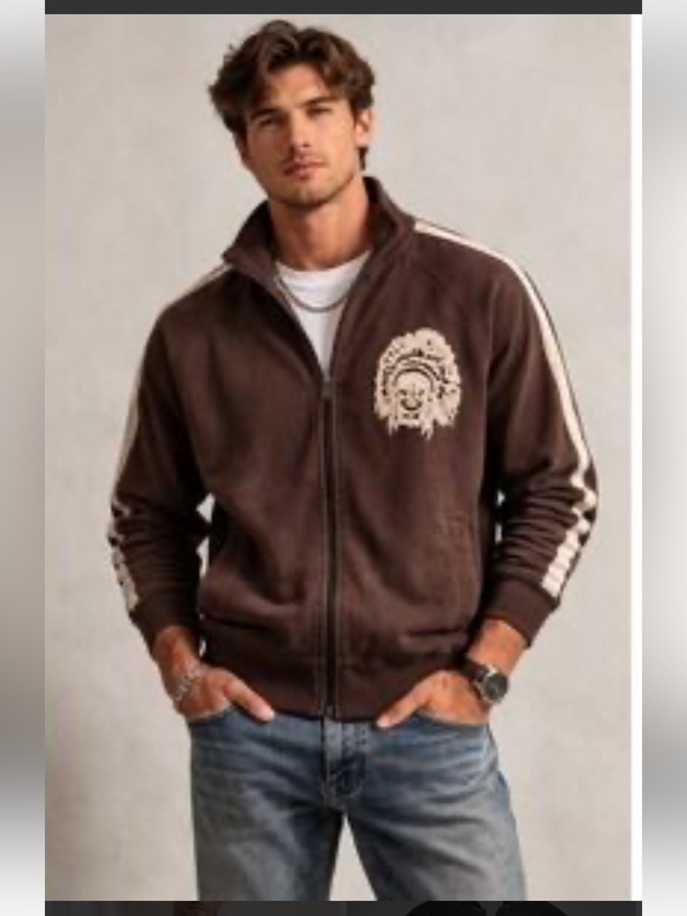 Cremieux Men's Brown Zip-Front Track Jacket  with Cream Stripe Lion SZ XL